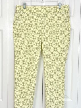 Oxford Golf Light Yellow & Green Print Cotton Side Zip Slim Crop Pants 8
